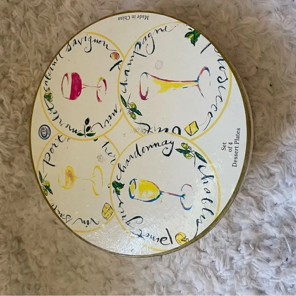 Rosanna Art Set of 4 Brunch, Appetizer ,Wine Cheese Whimsical Hand Drawn plates